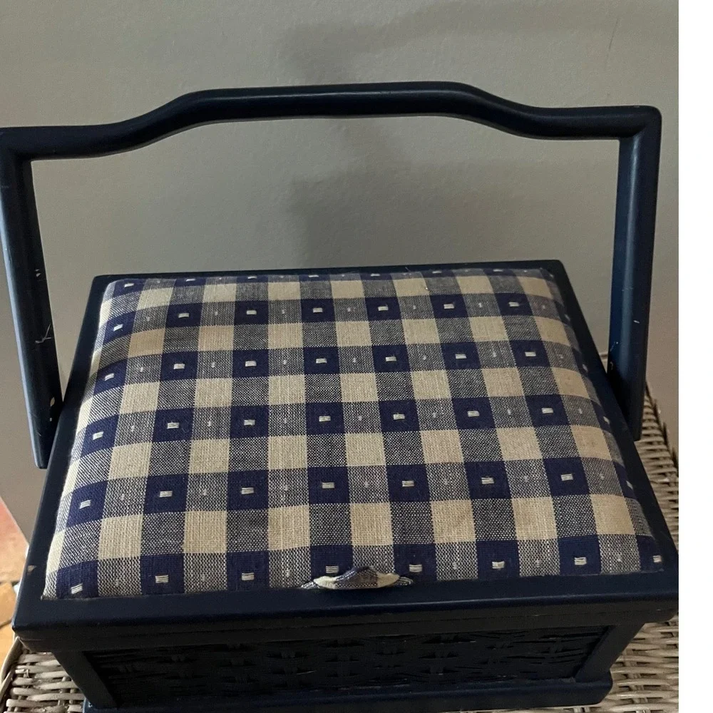 Vintage Navy Blue Wicker Sewing Basket Gingham Padded Lid Organizer Handle
